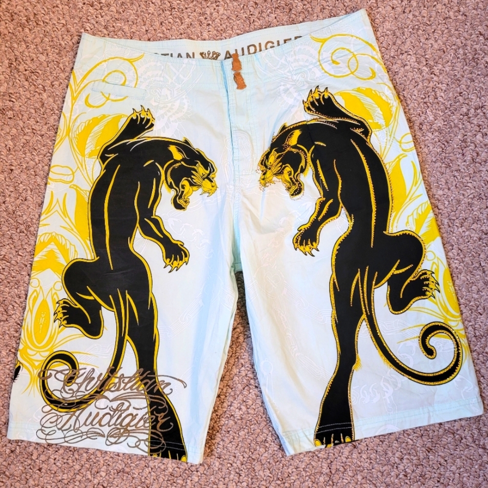 Ed Hardy Yellow and Black Panther Graphic Shorts